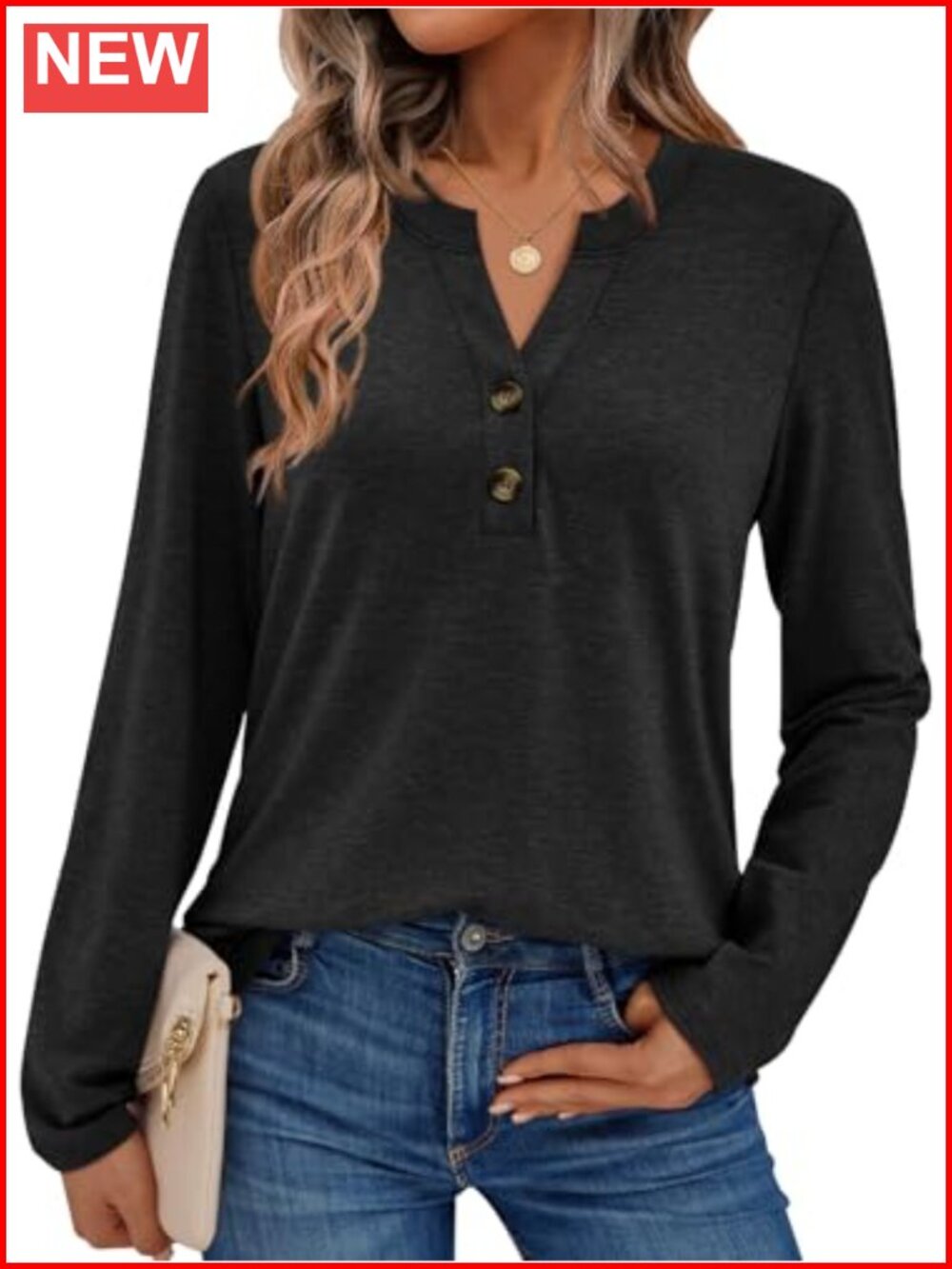 Women's Long Sleeve Henley T-Shirt Button Up V-Neck Loose Fit Dressy Casual Top
